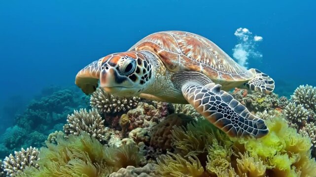 Majestic sea turtle glides gracefully over vibrant coral reef in clear blue ocean