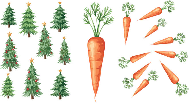 Christmas tree and carrot vector set festive holiday pine trees and fresh vegetables collection isolated illustration