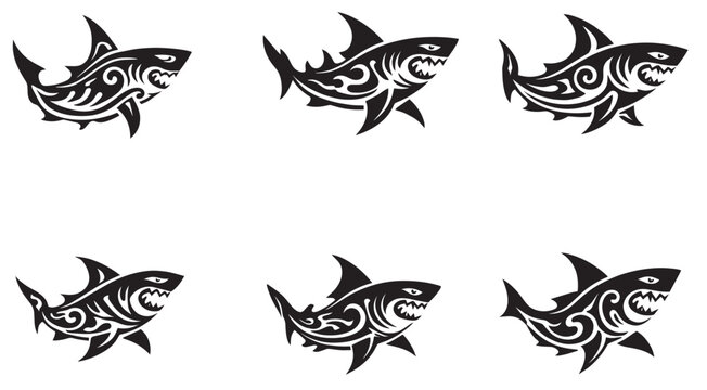 Set of tribal shark silhouettes in different poses. Aggressive ocean predator design with decorative patterns, isolated on white background. Perfect for tattoo, logo, mascot, sports branding, and mari