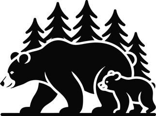 Silhouette of a mother bear and her cub walking in front of a stylized forest of pine trees representing wildlife family bonds the natural wilderness with mama bear cub animal parental care © MstAsmaAkter