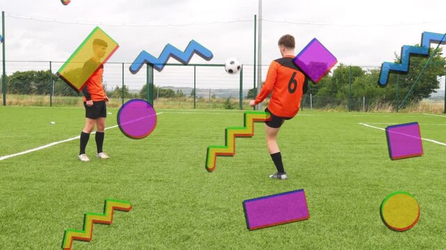 Male soccer duo training, left tossing ball causing geometric overlays, trading passes to control