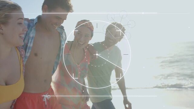 Friends linking arms on sunny shore, camera revealing others from left, HUD rotating framing travel