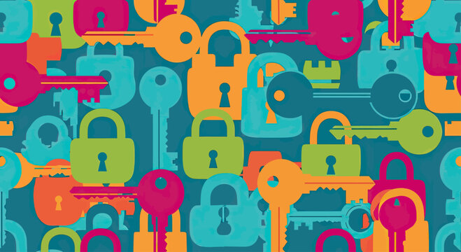 A vibrant, overlapping pattern of colorful padlocks and keys in various sizes and shades