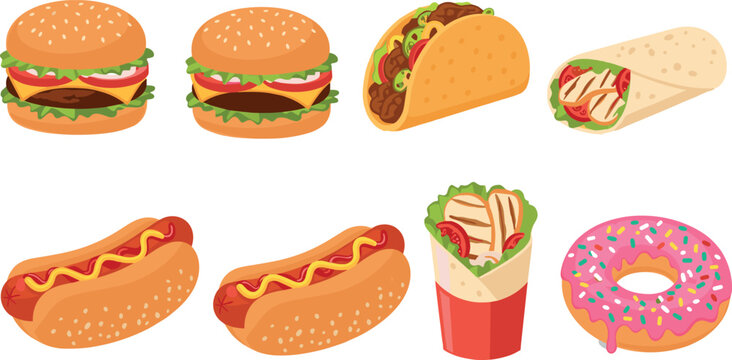 Fast food vector set burgers tacos hot dogs wraps and donut collection colorful junk food illustration isolated