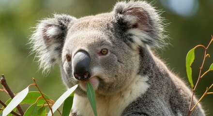 Obraz premium Koala munching on eucalyptus leaves in a lush green forest.