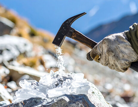 Impactful shot shows a gloved hand using a hammer to crush raw crystals, symbolizing geological exploration and the hard work of mining gems in a beautiful, wild, and rugged mountain landscape.