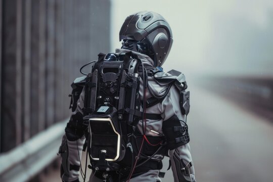Astronaut with exoskeleton walking on alien planet in futuristic scenario