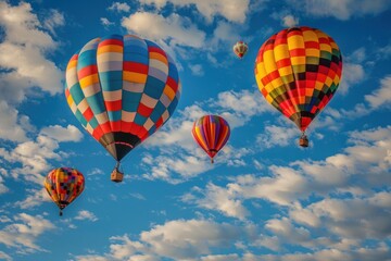 Fototapeta premium Hot air balloons drifting across a vibrant blue sky dotted with fluffy white clouds, creating a picturesque scene of adventure and tranquility