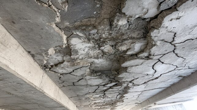 Damaged concrete ceiling with cracks and spalling