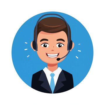 Flache Cartoon-Illustration eines l&auml;chelnden Kundenberaters mit Headset auf blauem Kreis