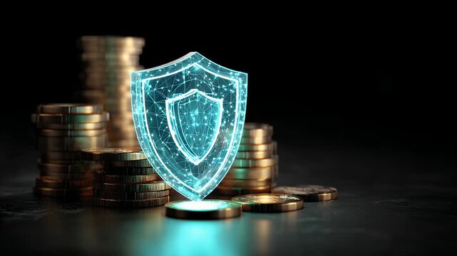 Digital shield with glowing network lines protects stacks of coins, symbolizing financial security, investment safety and digital currency protection, cyber defense concept.