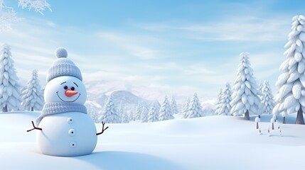 Obraz premium Cheerful Snowman Standing in a Serene Snow-Covered Forest Under a Clear Blue Sky