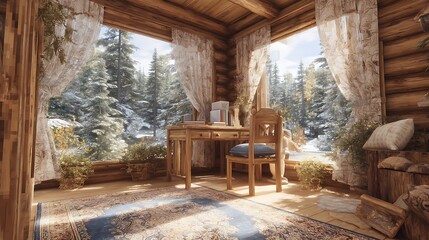 Naklejka premium Rustic log cabin interior with a cozy wooden desk and snowy winter forest view