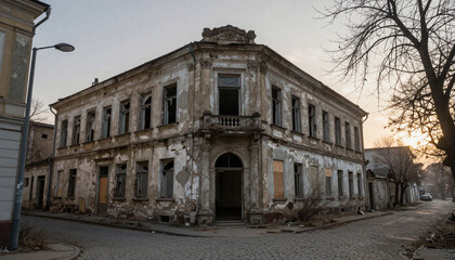 Fototapeta premium Facade of an abandoned, neoclassical building at dusk, showing signs of decay and urban decay.