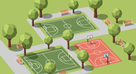 Isometric Basketball Courts in Park with Trees and Benches, Outdoor Recreation Area © Arana