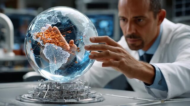 Global Innovation: A focused scientist gazes at a futuristic globe, symbolizing the convergence of technology and global scientific advancement, in a modern, well-equipped laboratory setting.