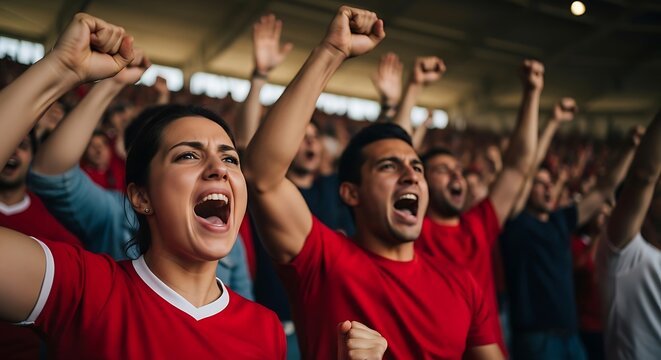 Crowd of excited sports fans cheering with raised fists and open mouths in a stadium
