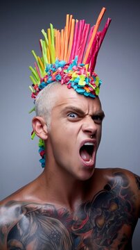 Mann mit buntem Neon-St&auml;bchen-Kopfschmuck und Tattoos