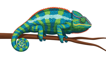 Naklejka premium A meticulously detailed green and blue chameleon with intricate scale patterns grips a textured brown branch firmly against a clean white background scene.