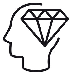 Minimalist black vector icon illustration of a human head silhouette with a diamond inside, symbolizing intelligence, valuable ideas, mental clarity, precious thoughts, and psychological health. © Waleed