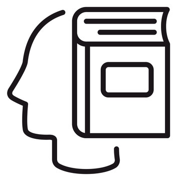 Minimalist black line art vector icon of a human head profile integrated with a book, symbolizing knowledge, education, learning, intelligence, and reading, isolated on a white background.