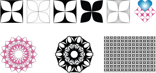 Floral geometric patterns and decorative star mandalas in black and pink featuring petal shapes and seamless mosaic backgrounds © RAFI