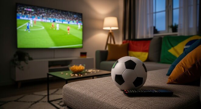 Soccer ball and remote control on a sofa in a living room with a football match playing on a large TV screen and national flags in the background