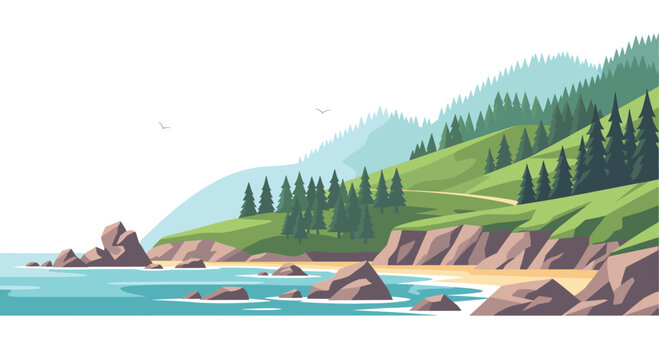 A serene coastal landscape features rolling green hills with dense pine trees and jagged rocky cliffs overlooking a calm blue ocean under a clear sky.