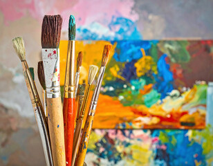 Fototapeta premium Professional paintbrushes with colorful tips stand before a vibrant, blurred abstract canvas. Perfect for themes of creativity, artistic expression, education, and fine art studio work.