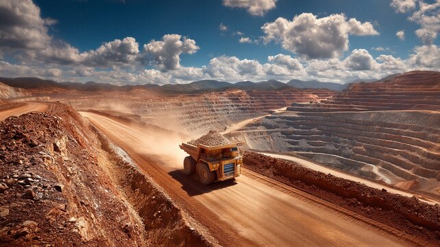 Open pit mining operation moving raw materials