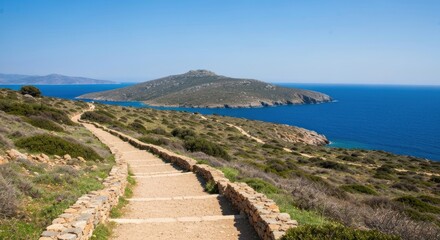 Obraz premium Picturesque pathway leading to stunning coastal views in Greece.