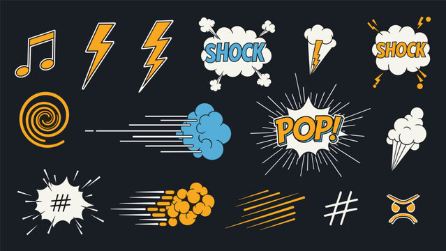 Retro comic book sound effects and action bubbles with text like shock and pop on a dark blue background for creative storytelling designs.