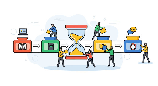 Conceptual illustration of time management and productivity with people interacting around a large hourglass and digital devices.