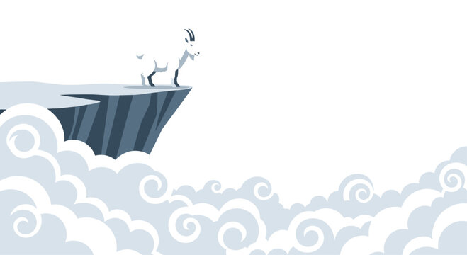A pristine white mountain goat stands on the edge of a dark grey cliff overlooking a vast sea of swirling stylized white clouds under a clear sky.