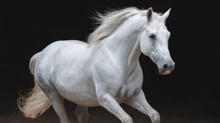 Naklejka premium White horse running in motion isolated on dark background studio