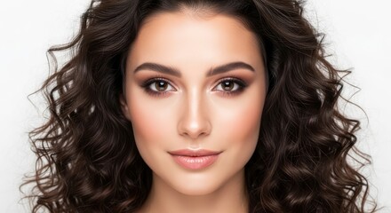Fototapeta premium Portrait of a beautiful young woman with voluminous curly brown hair and perfect skin looking at camera