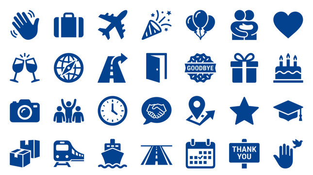 Collection of blue icons representing travel, celebration, business, and lifestyle concepts on a white background