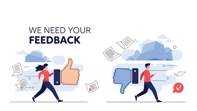 Professional man and woman running with large thumbs up and thumbs down icons representing the fast paced nature of customer feedback and reviews.