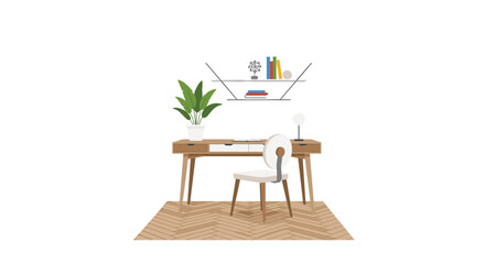 Fototapeta premium Elegant home office workspace illustration showcasing a wooden desk with white drawers and a matching chair set upon a classic herringbone patterned rug.