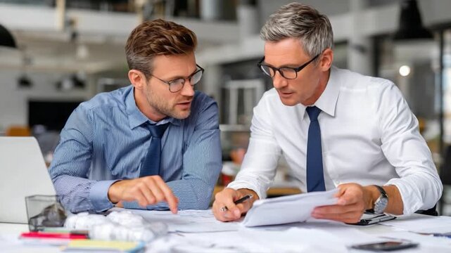 Teamwork Unveiled: Two focused professionals engaged in a detailed discussion, collaborating on plans at an office desk. This image encapsulates the essence of partnership and strategic alignment