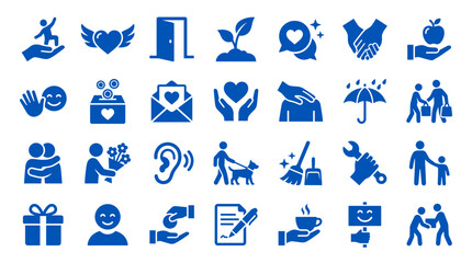 Fototapeta premium Collection of blue icons symbolizing kindness, support, community, and positive human interactions on a white background