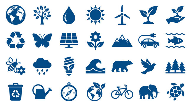 Collection of blue environmental icons representing nature conservation sustainability and eco friendly concepts like recycling solar energy and wildlife protection