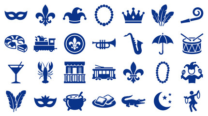 Mardi Gras Icons Collection Blue Silhouette Symbols for Festive Celebration and New Orleans Culture © Iconique Studio