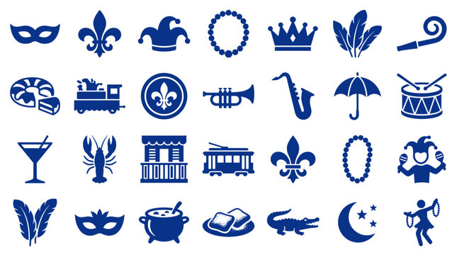Mardi Gras Icons Collection Blue Silhouette Symbols for Festive Celebration and New Orleans Culture
