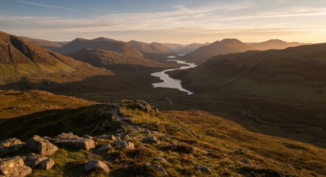 Scenic Scottish Highlands Landscape with River and Rolling Hills at Sunset.