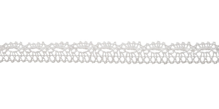 White cotton lace trim, decorative lace border, sewing trimming isolated on transparent background.