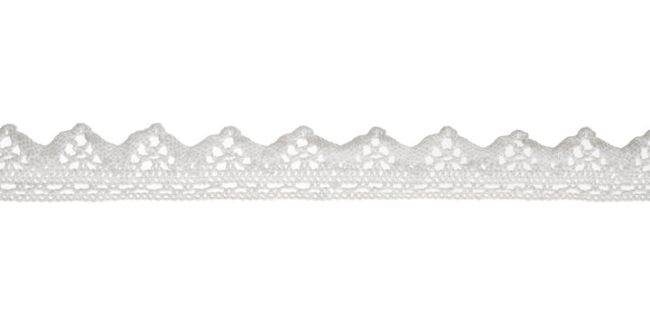 White cotton lace trim, decorative lace border, sewing trimming isolated on transparent background.