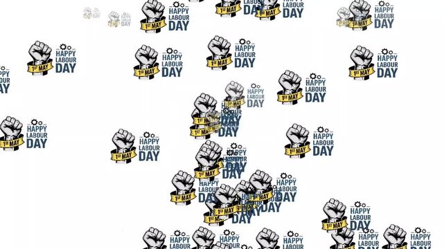 Animated Happy Labour Day 1st May Graphic with Raised Fist on White Background