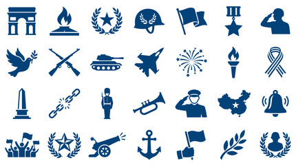 Obraz premium Collection of blue military and patriotic symbols including flags tanks soldiers and monuments representing war peace and remembrance