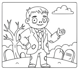 Halloween coloring page of a cute zombie gentleman in a suit standing in a cemetery